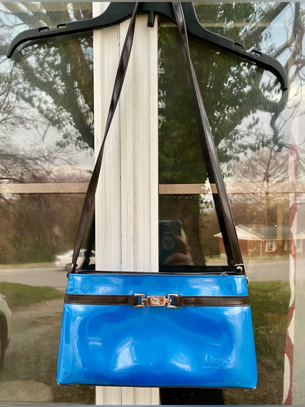 Beijo Blue Patent Convertible Shoulder Bag Clutch Purse